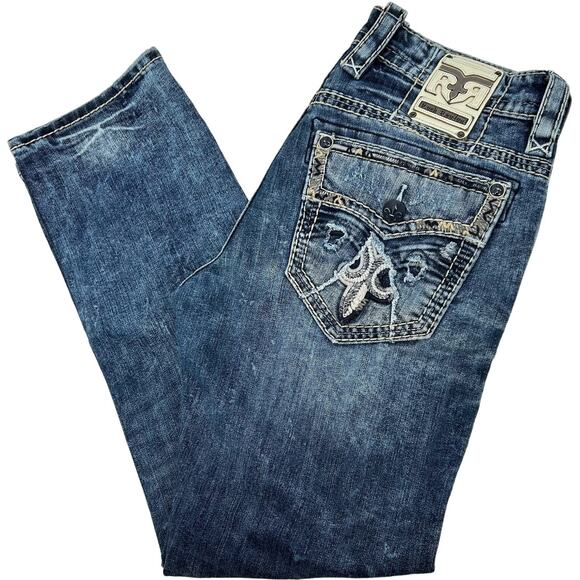 Men's Distressed Rock Revival Pruitt Straight Leg Blue Denim Jeans Embroidered - Picture 1 of 8